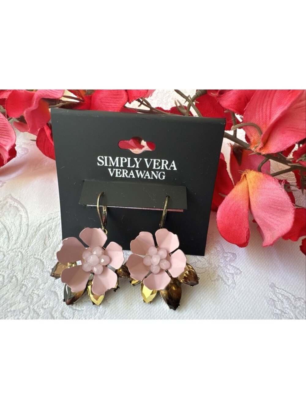 Simply Vera Wang Pink 3D Floral Smokey Rhinestone 1 3/4" Feminine Summer NEW